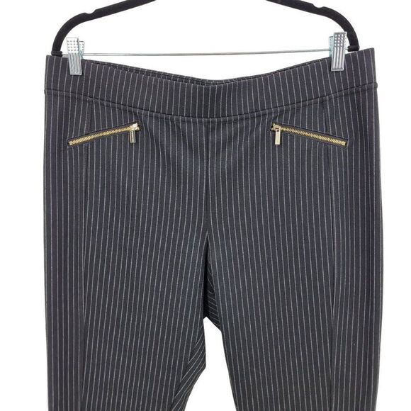 Karl Lagerfeld Mid Rise Stretch Pants 16 XL Black Gray Pinstripe Faux Zippers - Picture 5 of 14
